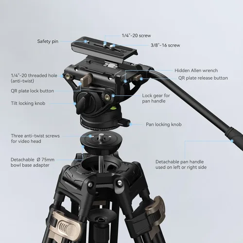 Vista 6 de SmallRig AD-80 FreeBlazer - Sistema de trípode de video resistente, 75 pulgadas de alto, cabezal fluido, ajuste de altura de un solo paso, placa QR