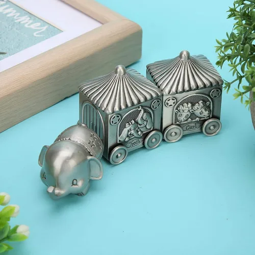 Vista 5 de Agatige Caja de dientes de tren para niños y niñas, elefante de metal, caja de recuerdo de bebé, cofre del tesoro, soporte de dientes para niños