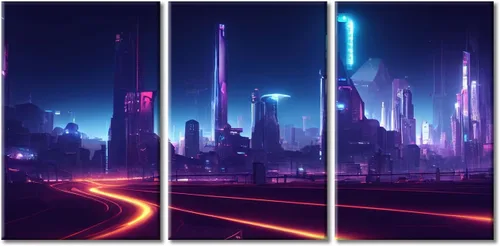 Vista 35 de Cuadros de 3 paneles de Cyberpunk City - Arte de pared de vallas publicitarias de edificios modernos en la capital con obras de arte modernas