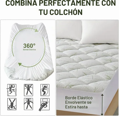 Vista 4 de Protector de colchón 100% impermeable, transpirable, de viscosa de bambú, suave y con acolchado sin ruido, bolsillo profundo de 8-21 pulgadas