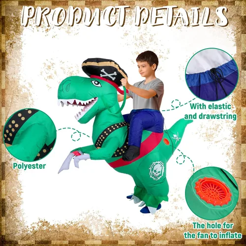 Vista 4 de Divertido disfraz inflable de dinosaurio de Halloween, disfraz de dinosaurio pirata para fiesta de Halloween