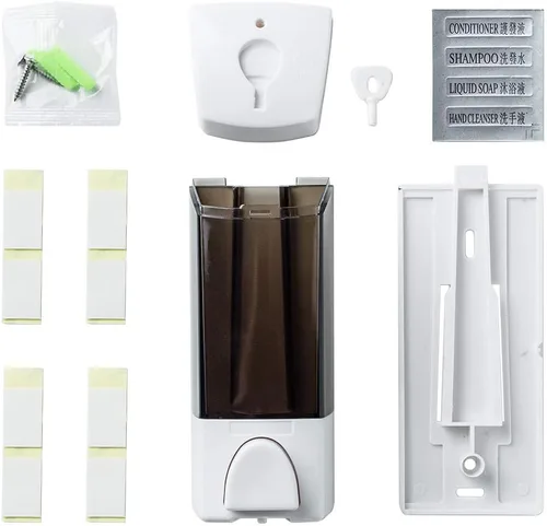 Vista 5 de Dispensador de jabón adhesivo de 10.1 fl oz, sin taladro, con adhesivo o montaje en pared con tornillos, dispensador de manos de champú, gel