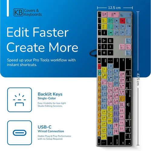 Vista 2 de KB Covers Pro Tools Teclado de aluminio retroiluminado de acceso directo para Mac: más de 150 teclas de edición de audio codificadas por