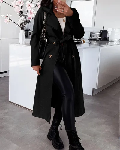 Vista 4 de KIRUNDO Gabardina larga con doble botonadura para mujer, moda de otoño 2023, solapa clásica, abrigo delgado con cinturón