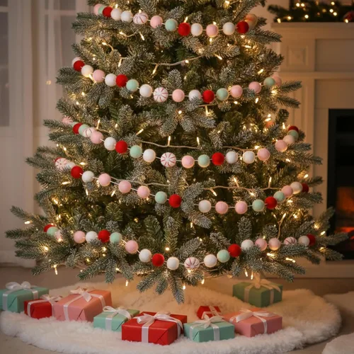 Vista 6 de Guirnalda de bolas de fieltro de Navidad, guirnalda de pompones de 11.8 pies de largo, 32 bolas, 8 guirnaldas de caramelo de menta, guirnalda