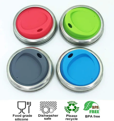 Vista 2 de Kit de tapa reutilizable de silicona de grado alimenticio y sin BPA para beber jugo de café con anillos de acero inoxidable para mason, bolas