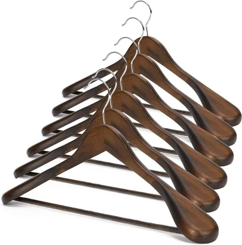 Vista 10 de JS Hanger Perchas de madera para trajes, paquete de 6 perchas de madera extra anchas con barra antideslizante para pantalones, acabado negro extra