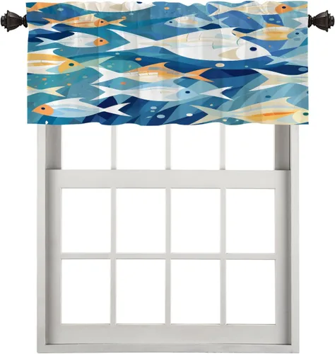 Vista 101 de Cortinas geométricas de cocina para ventanas, color negro, blanco, turquesa, cenefas opacas de poliéster multicapa para cocina, paquete de 2