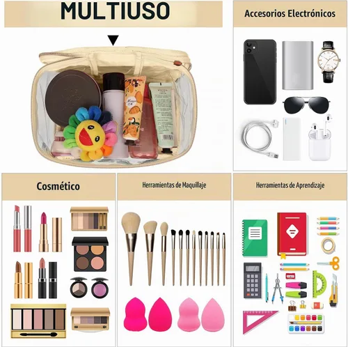 Vista 6 de izuzta Bolsas de maquillaje transparentes con letras de chenilla, bolsa de maquillaje de parche preppy con asa