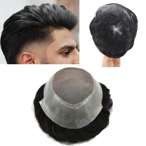 Vista 9 de Toupee - Pieza de pelo para hombre, con revestimiento de poliéster fino, pelo humano real, tupé, 100% atado a mano, sistema de reemplazo de cabello