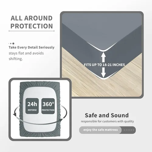 Vista 5 de Safe and Sound Mattress Protector, Premium 100% Waterproof Mattress Cover, Noiseless Breathable Soft, Fitted Deep Pocket 8-21'' Bed Cover Gray Twin