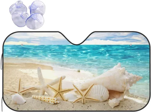 Vista 18 de Parasol de parabrisas con palmera de playa Hawaii tropical costa de verano amanecer, protector frontal plegable, visera solar para automóvil que