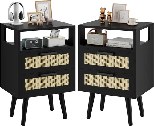 Vista 12 de YMYNY Mesita de noche con 2 cajones, mesa auxiliar bohemia, ratán decorado a mano, estante abierto con diseño arqueado, patas de madera maciza, Negro
