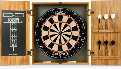 Vista 8 de EastPoint Belmont Dart Board Cabinet, 6 Steel Tip Darts, Game Room Decor Negro