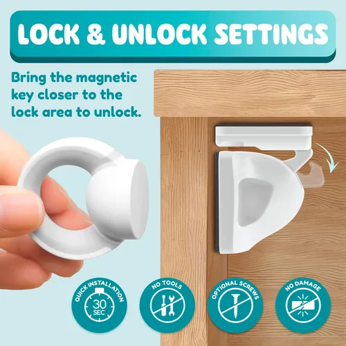 Vista 3 de Booboo Baby Cerraduras magnéticas de seguridad para niños con 4 cerraduras + 1 llave, a prueba de bebés para cocina, armarios y cajones, instalación
