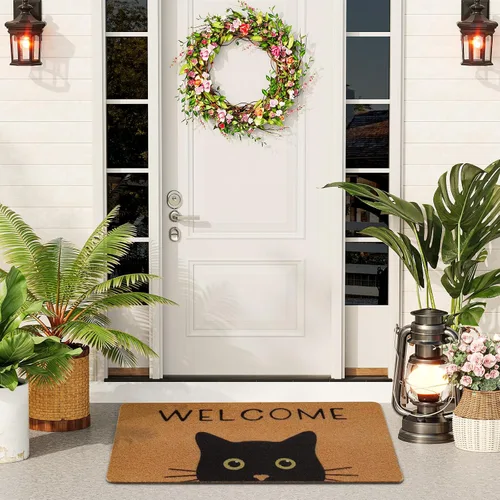 Vista 8 de Tapete para Puerta de Gato Tapete de Bienvenida, Gato Negro con Ojos Verdes Tapete para Puerta, Tapetes de Bienvenida Antideslizantes de Gato