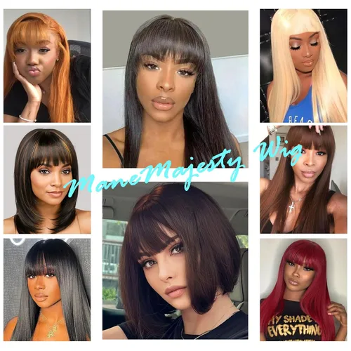 Vista 7 de Peluca de cabello humano lacio rubio 613 de 15 pulgadas con flequillo, sin pegamento, sin encaje frontal, Yaki Bob para mujer