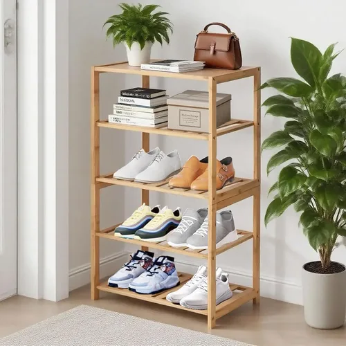 Vista 10 de Zapatero pequeño, organizador multiusos de 2 niveles, estantes pequeños de bambú para zapatos, plantas, libros, sala de estar, pasillo, dormitorio