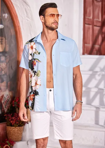 Vista 3 de COOFANDY Camisas de playa para hombre, camisa hawaiana de manga corta con botones y bolsillo