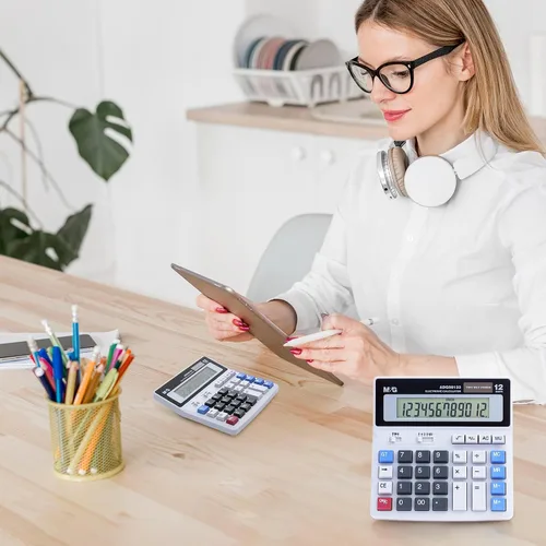 Vista 2 de M&G Calculadora de escritorio de 12 dígitos con pantalla LCD extra grande, doble alimentación solar y batería, calculadora contable con botón