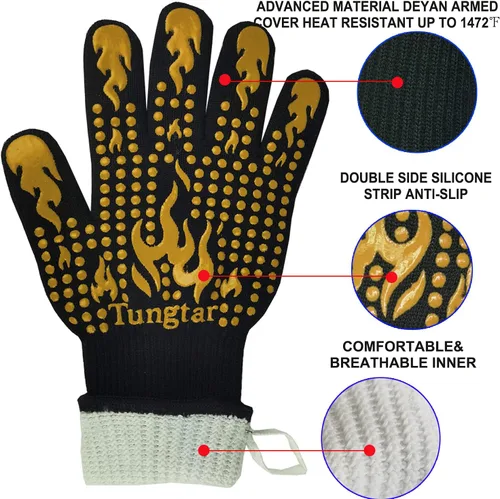 Vista 3 de Guantes resistentes al calor para barbacoa, guantes de horno 1472 ℉, 14 pulgadas, guantes de parrilla a prueba de calor para hombres, guantes