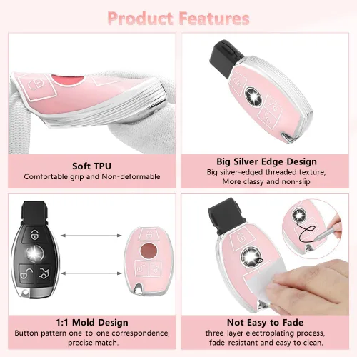Vista 5 de PIFOOG Funda para llavero Mercedes, 3 botones, color rosa, TPU brillante, accesorios para llaves de automóvil, funda protectora para Mercedes Benz