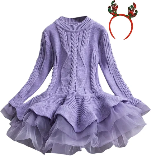 Vista 5 de Suéter de Navidad de ganchillo de invierno para niñas pequeñas, vestido de punto y banda para el cabello (morado, 2-3 años)