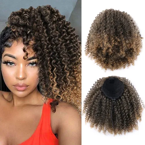 Vista 12 de Extensión de cabello sintético con cordón para coleta afro rizado para mujeres negras, onda corta (#1B, negro naturaleza)