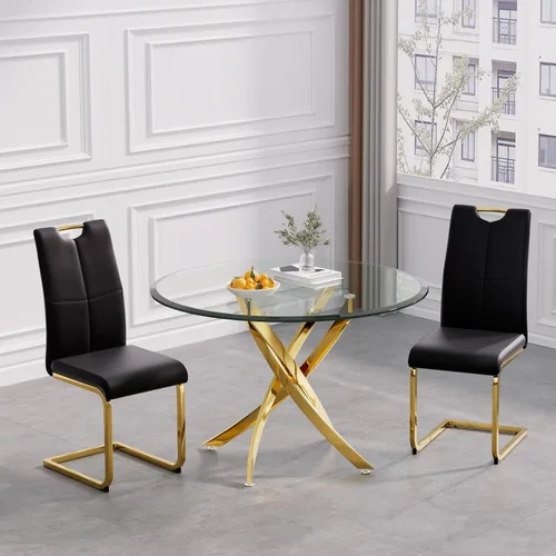 Vista 2 de Juego de mesa de comedor de cristal de lujo de 36 pulgadas para 2, mesa de comedor redonda moderna de 3 piezas con 2 sillas de comedor de cuero