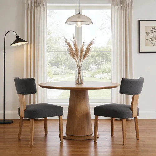 Vista 8 de Juego de 2 sillas de comedor modernas, sillas de cocina tapizadas con respaldo curvo, sillas de comedor de lino de granja, cómodas sillas de madera