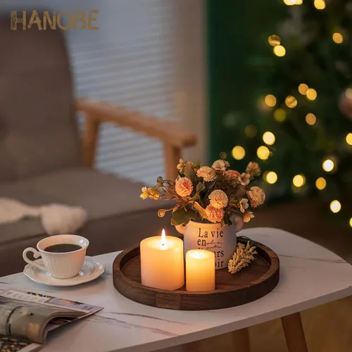 Vista 7 de Hanobe - Bandejas redondas de madera para decoración de centro de mesa Distressed Rustic Finish, 11" Tealight Pillar Candle Plates for Kitchen