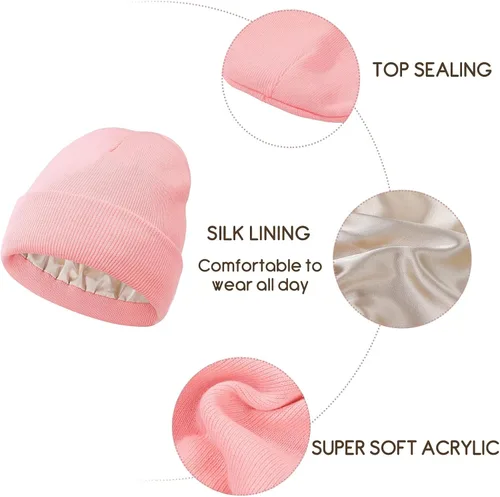 Vista 4 de Century Star Gorros de punto con forro de satén para mujer, con forro de seda, gorro de invierno con puños, para esquiar