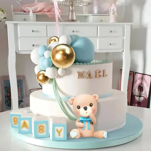 Vista 6 de Decoración para tartas de oso, decoración de pastel de oso con letras azules, esferas doradas y azules y blancas de perlas para suministros