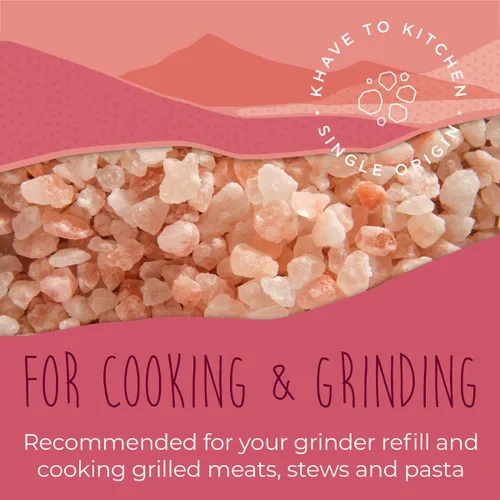 Vista 8 de KHĀVE - Sal del Himalaya rosa pura natural – Sal de grano grueso de 12 onzas de grado más alto para cocinar, condimentar, frotar en seco para fumar