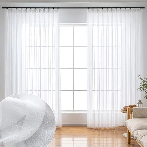 Vista 13 de Cortinas plisadas negras traslúcidas de 84 pulgadas de largo, 2 paneles para dormitorio, lino texturizado, ganchos transparentes para pista