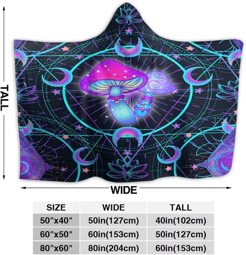 Vista 6 de Manta con capucha de hongos para adultos, Navidad, cumpleaños, regalos para mujeres y hombres, poncho hippie morado con capucha de 40 x 50 pulgadas