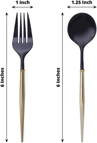 Vista 3 de Efavormart 24 Pack Juego de cubiertos de plástico premium negro/dorado de 6" de 24 piezas, cubiertos desechables modernos y resistentes de plata