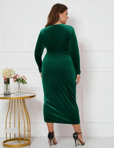 Vista 4 de ZOMVA Vestido cruzado de terciopelo de talla grande 2023, vestido ajustado fruncido, manga larga, con volantes, largo, elegante, fiesta, boda