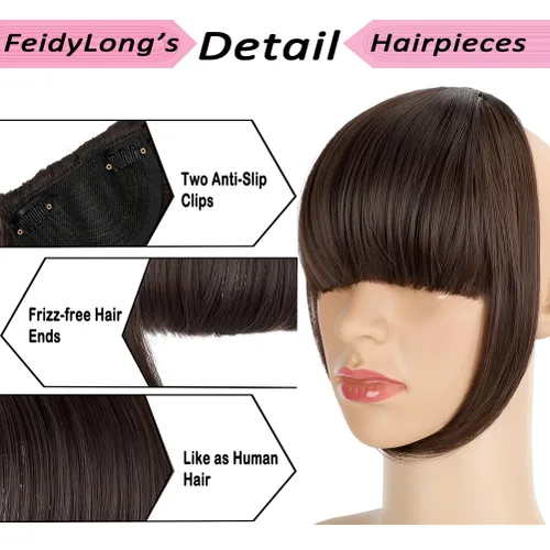 Vista 2 de Extensiones de cabello con clip, de fleco francés, natural, con flequillo, lacio, con flecos, con sienes para mujer, uso diario, color marrón medio