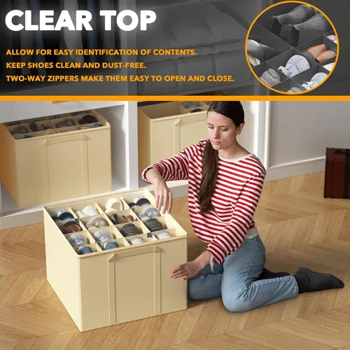 Vista 4 de SpaceAid - Organizador de zapatos para armario, paquete de 2 contenedores plegables de almacenamiento para zapatos, cestas con separadores Beige