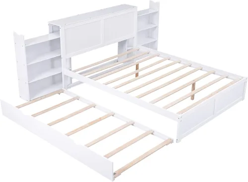 Vista 5 de Cama multifuncional de almacenamiento de tamaño Queen con cama nido de tamaño individual, marco de cama de plataforma de madera con estantes