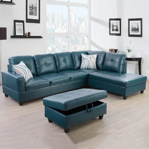 Vista 12 de Juego de sofá seccional de cuero para sala de estar, juego de 3 piezas con almacenamiento otomano negro para sala de estar/dormitorio/apartamento