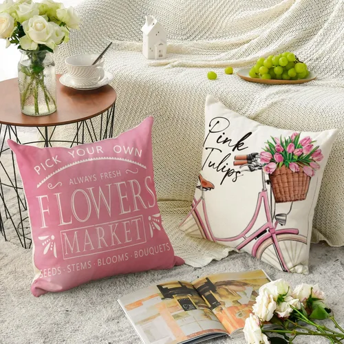 Vista 4 de AVOIN colorlife Hello Love - Juego de 4 fundas de almohada para bicicleta, diseño de tulipanes rosados, 16 x 16 pulgadas, diseño de flores