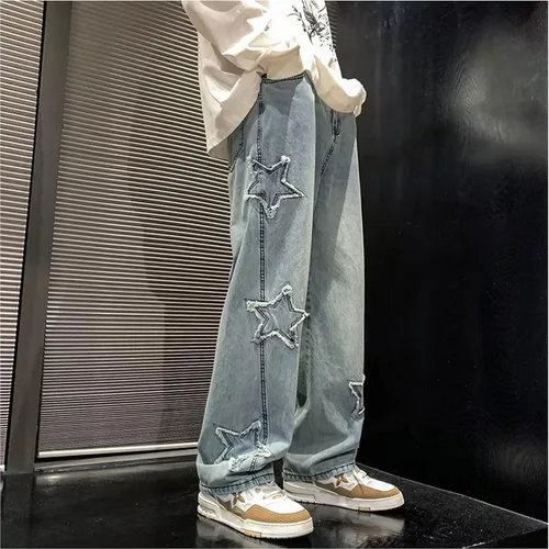 Vista 4 de Pantalones vaqueros Y2k para hombre, estilo hip hop, holgados, con estrellas, pantalones de mezclilla de pierna recta, pantalones deportivos