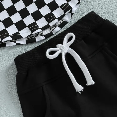 Vista 33 de Conjunto de ropa de verano para bebé niño y niño, diseño a cuadros, manga corta, sudadera con capucha y pantalones cortos casuales