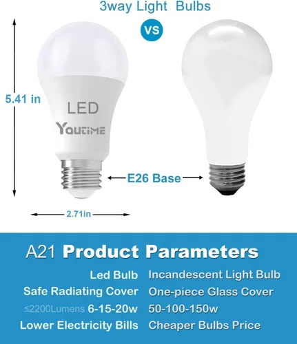Vista 7 de Youtime Bombillas de 3 vías 50 100 150 vatios equivalente a blanco suave A21, reemplazo incandescente, 6/15/20 W, ahorro de energía, bombillas