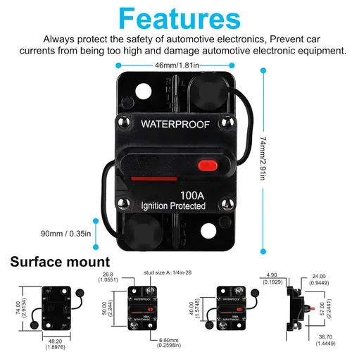 Vista 3 de Portafusibles de 100 amperios, disyuntor de audio, inversor de fusibles de restablecimiento, soporte de fusible de 12 V-48 V CC, reemplazar