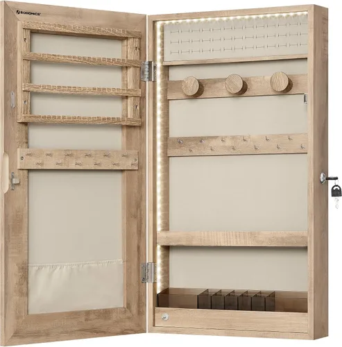 Vista 10 de SONGMICS Armario de joyería con espejo con luces LED integradas, organizador de almacenamiento de joyas montado en la pared o en la puerta, 3.8 x