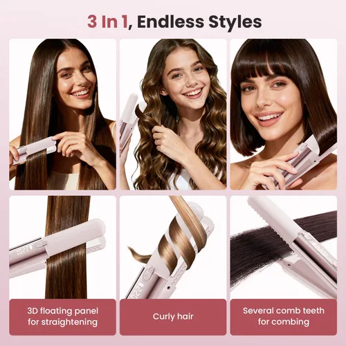 Vista 2 de CHIKYO Plancha de pelo inalámbrica 2 en 1, rizador portátil sobre la marcha, banco de energía portátil, 7 temperaturas, pantalla LED, mini plancha