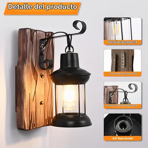 Vista 7 de Lámparas de pared rústicas, apliques de pared vintage, juego de 2 lámparas de madera antigua de granja con iluminación interior de vidrio